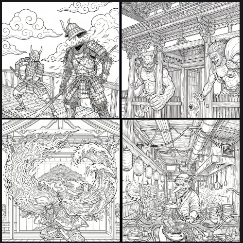 The Floating Masquerade: A Ukiyo-e Coloring Book of Traditional Masks in a surreal past and future