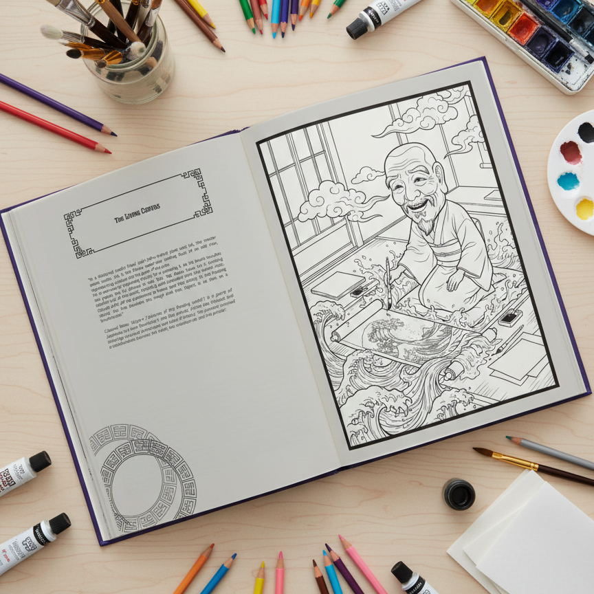 The Floating Masquerade: A Ukiyo-e Coloring Book of Traditional Masks in a surreal past and future