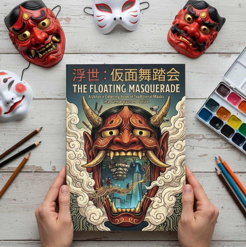 The Floating Masquerade: A Ukiyo-e Coloring Book of Traditional Masks in a surreal past and future